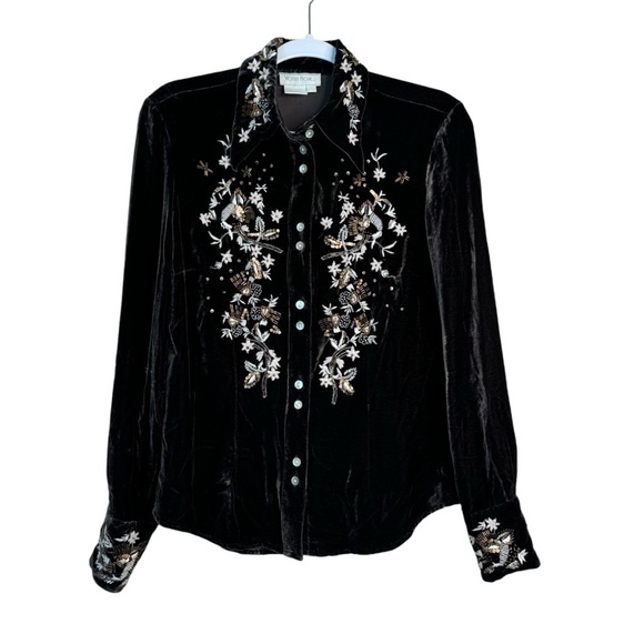 Votre Nom Vintage Blouse Womens S Silk Velour Button up Floral Embroidery Beaded - Picture 1 of 10